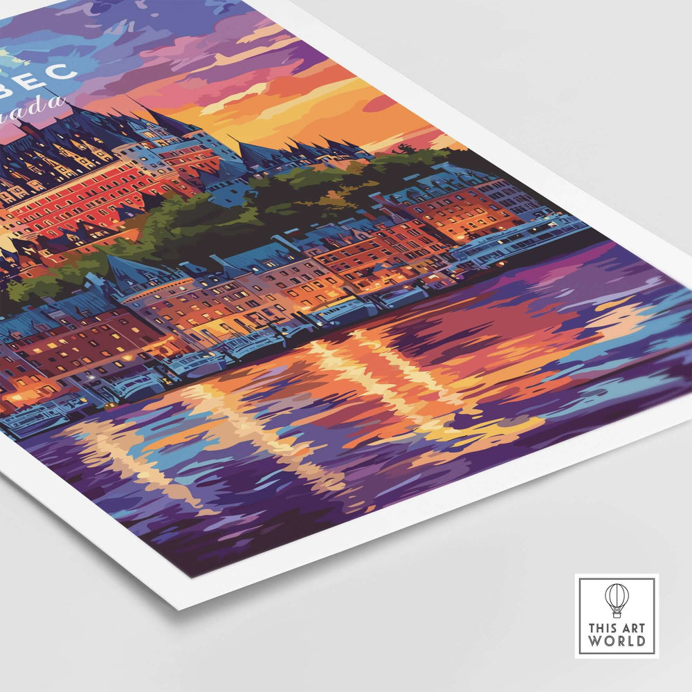 Quebec wall art print featuring Château Frontenac at sunset reflecting on the river, perfect for home decor.