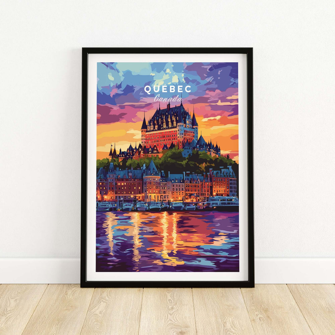 Château Frontenac art print showcasing vibrant colors and stunning architectural details over Quebec's skyline at sunset.