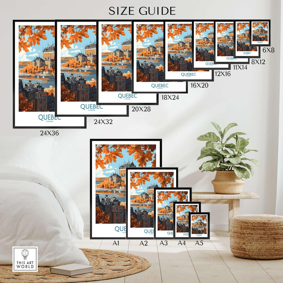 Quebec Wall Art Print - Château Frontenac size guide showcasing various frame dimensions in a stylish interior setting.