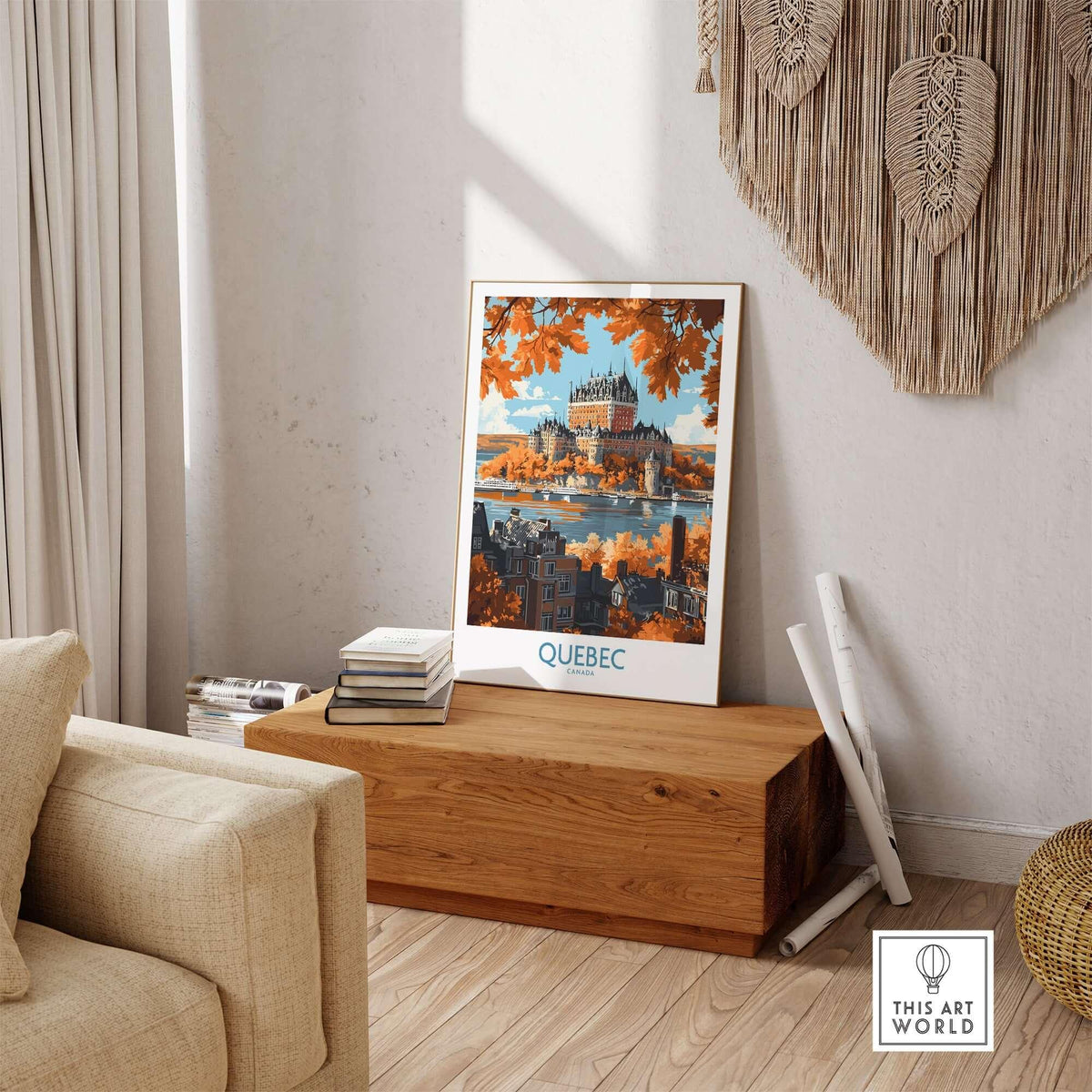 Quebec Wall Art Print - Château Frontenac showcased in a cozy living room setting with autumn leaves decor.