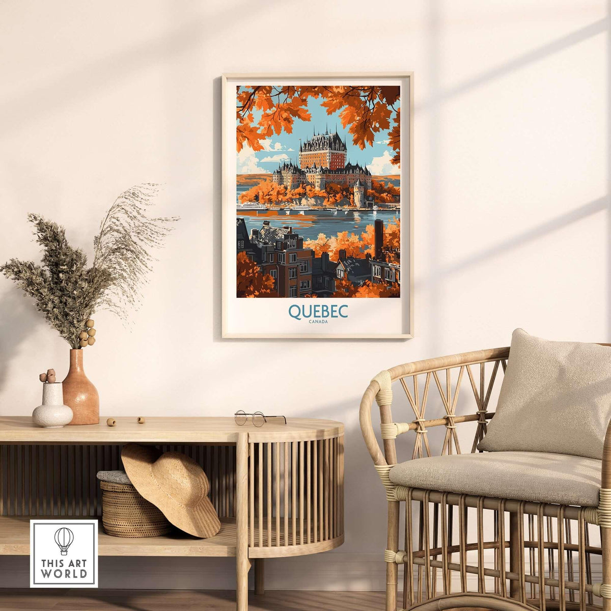 Quebec Wall Art Print - Château Frontenac displayed in a stylish interior setting with autumn leaves.