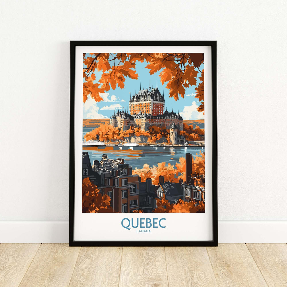 Quebec wall art print featuring Château Frontenac, showcasing autumn colors and historic architecture.