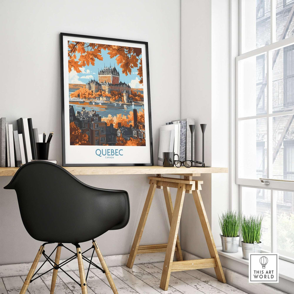 Quebec Wall Art Print - Château Frontenac displayed in a cozy workspace, adding elegance to the room.
