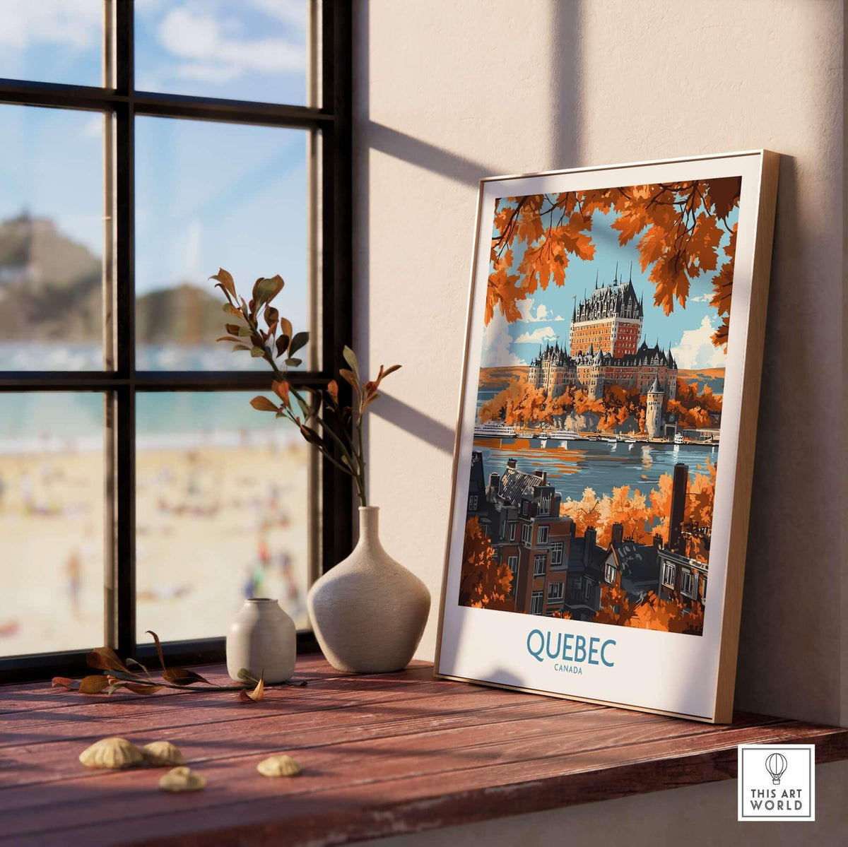 Quebec Wall Art Print - Château Frontenac displayed by a window with autumn leaves, enhancing any room's charm.