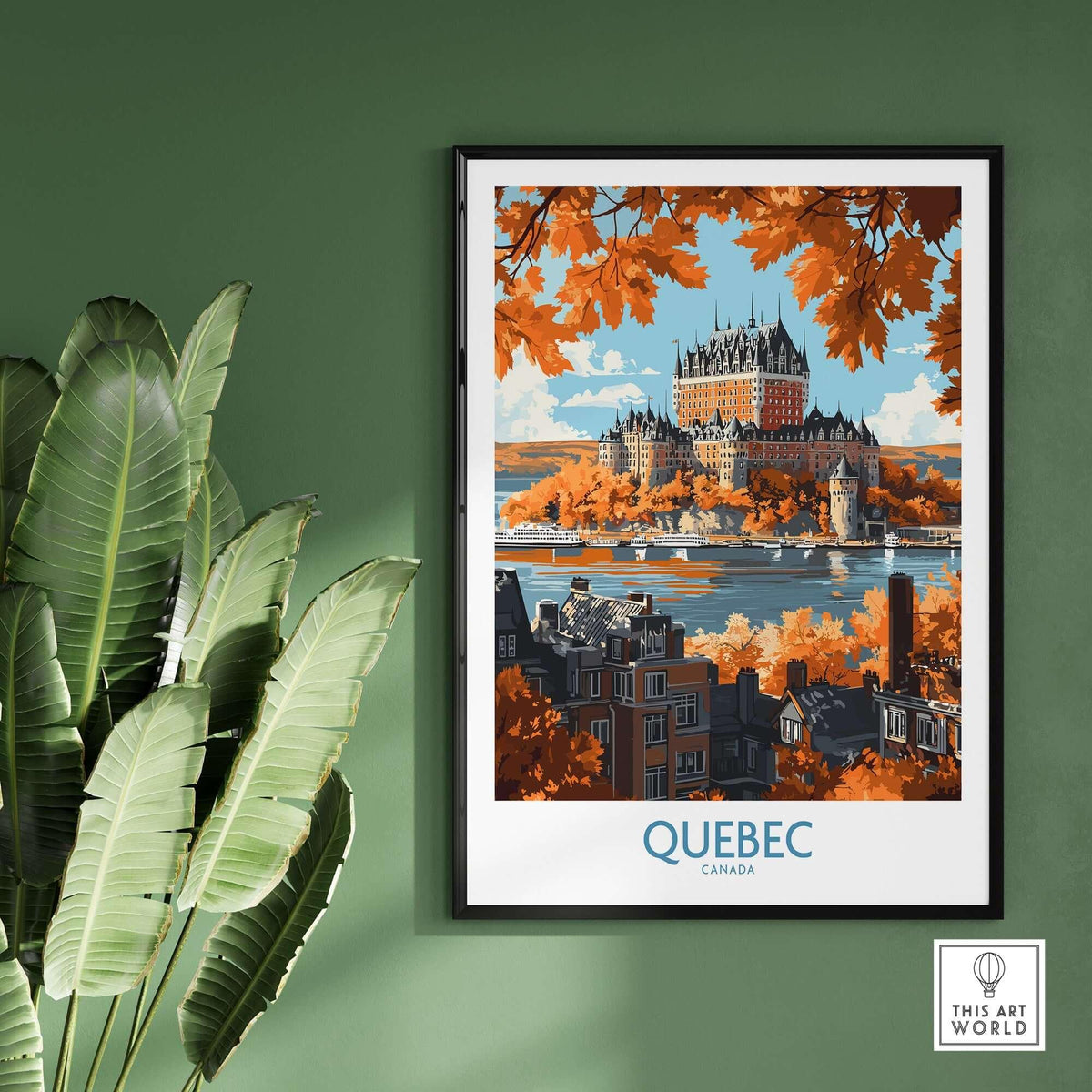Quebec Wall Art Print - Château Frontenac showcasing iconic hotel in autumn colors with foliage.