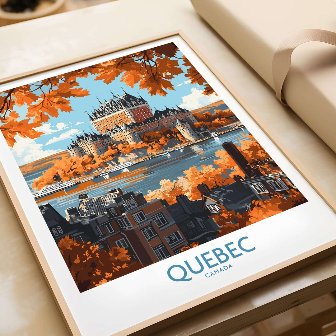 Quebec wall art print featuring Château Frontenac, surrounded by autumn leaves and scenic waterfront in Canada.