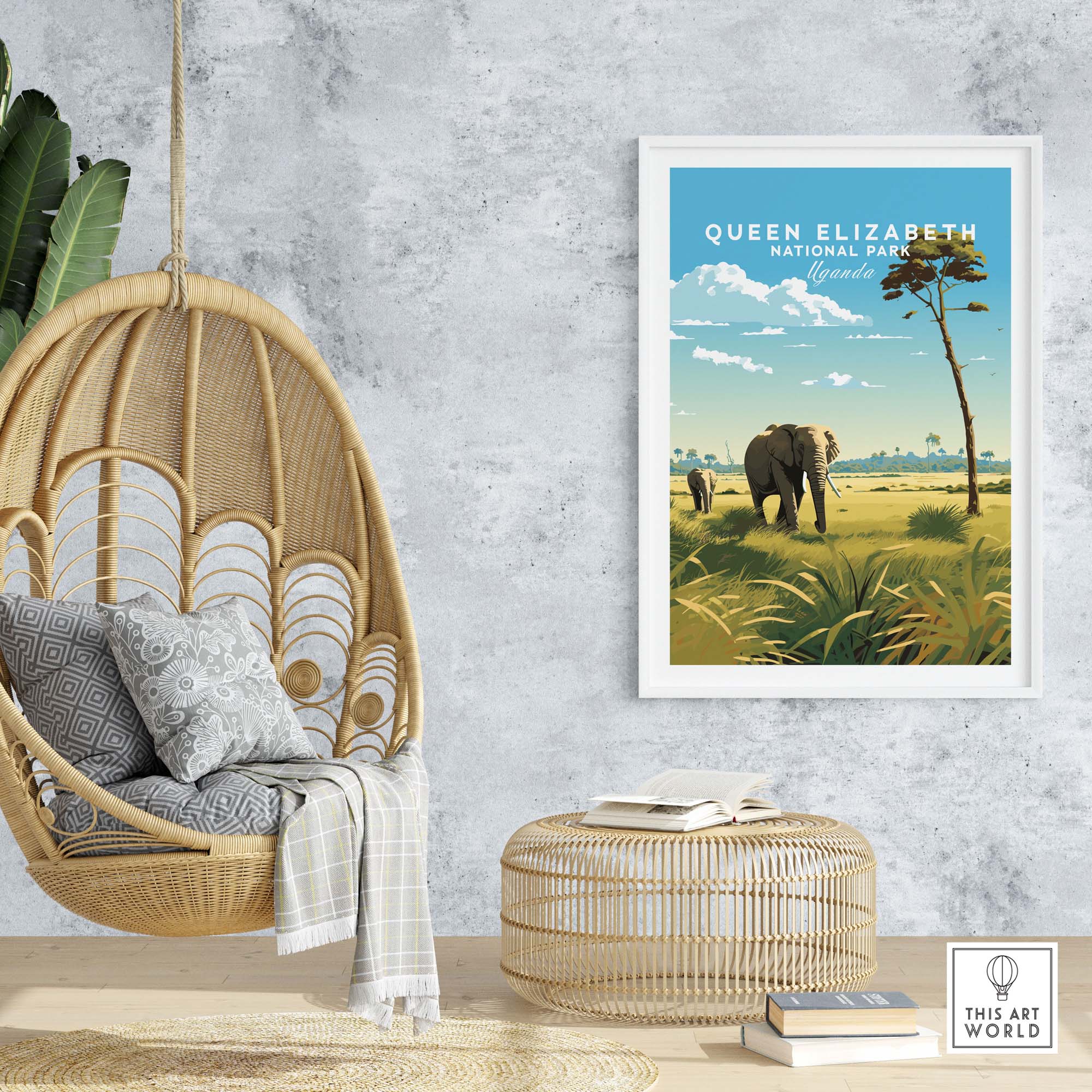 Queen Elizabeth National Park poster featuring elephants in a vibrant landscape, perfect for travel enthusiasts.