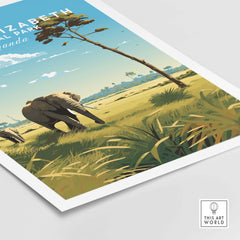 Queen Elizabeth National Park poster featuring an elephant in a vibrant Uganda landscape, perfect for travel enthusiasts.