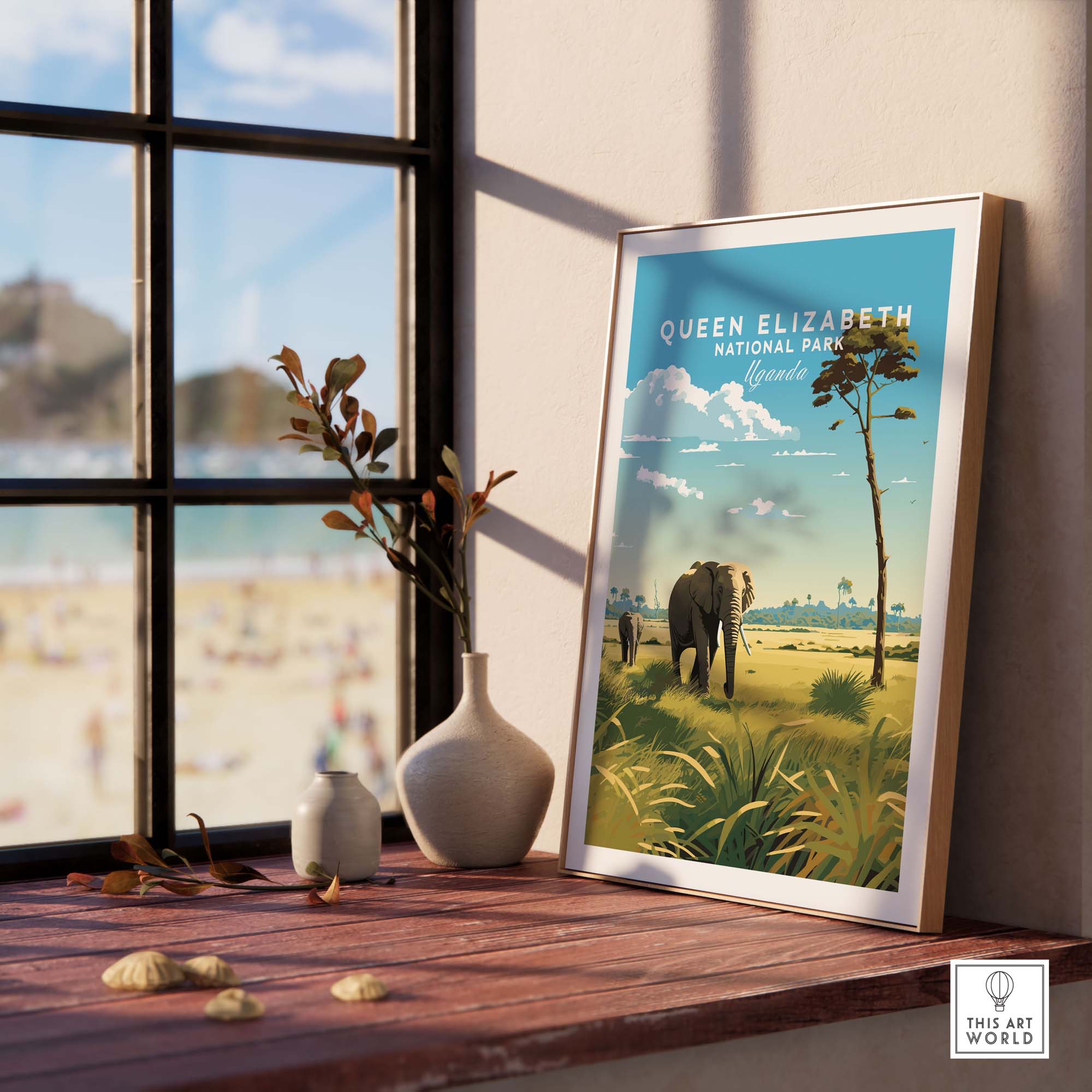 Framed Queen Elizabeth National Park poster featuring elephants and serene landscapes, perfect for travel enthusiasts.