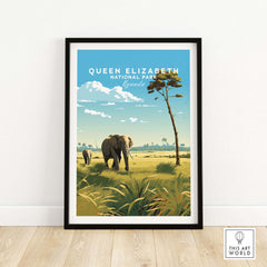 Queen Elizabeth National Park poster featuring elephants in a vibrant Ugandan landscape, perfect for travel enthusiasts.