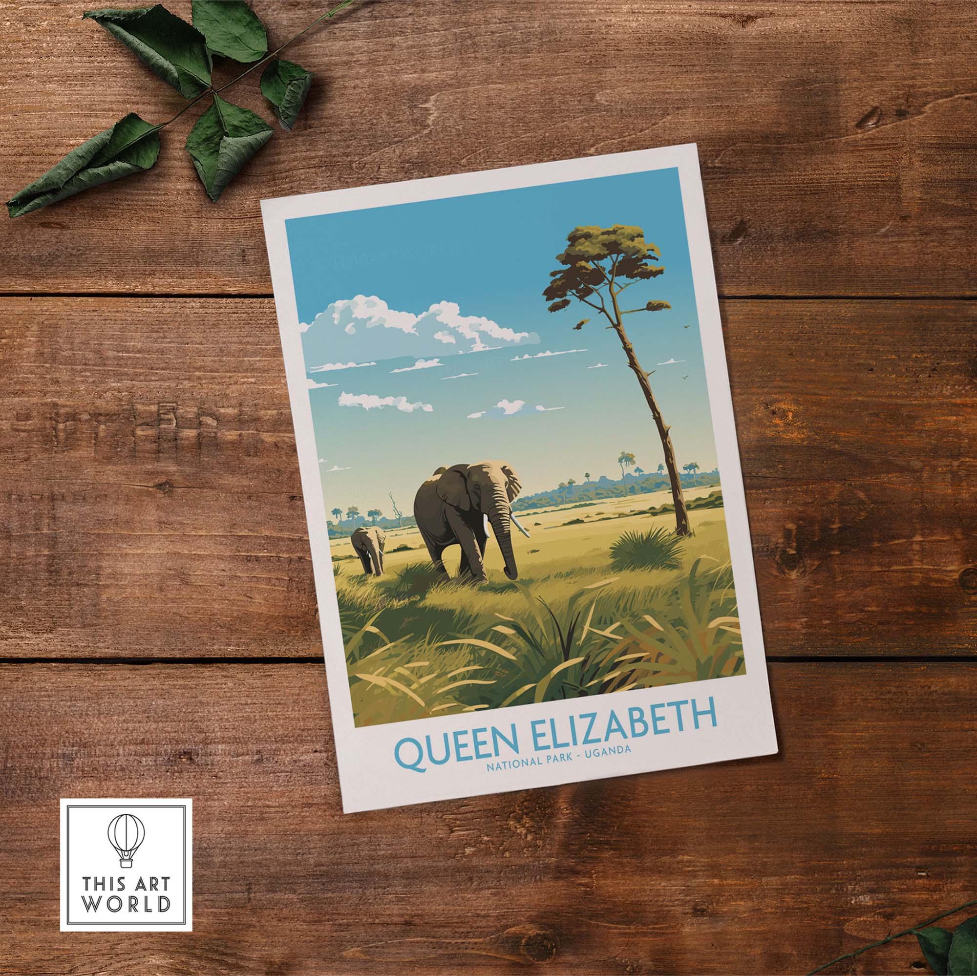 Queen Elizabeth National Park print showcasing elephants in a scenic Ugandan landscape.