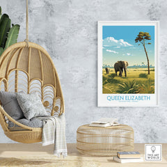 Queen Elizabeth National Park print with elephants in African savanna, perfect for Uganda travel decor.