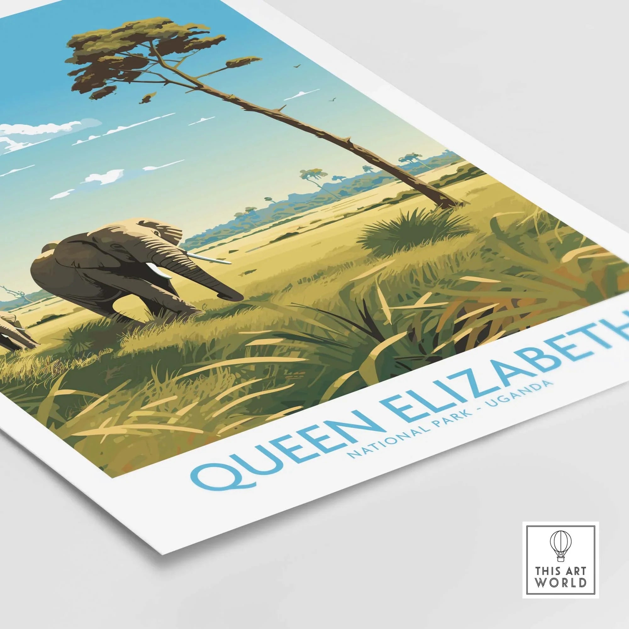 Queen Elizabeth National Park print featuring an elephant in a scenic Ugandan landscape, ideal for African adventure enthusiasts.