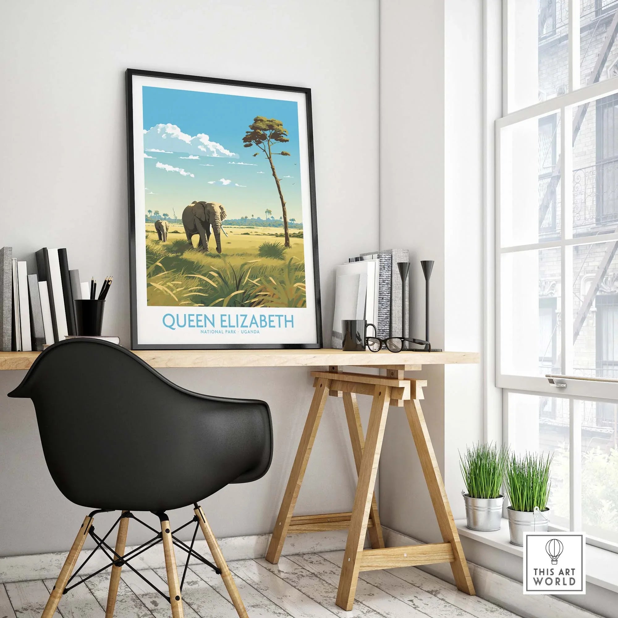 Queen Elizabeth National Park art print featuring an elephant, showcasing Uganda's wildlife in a stylish home setting.