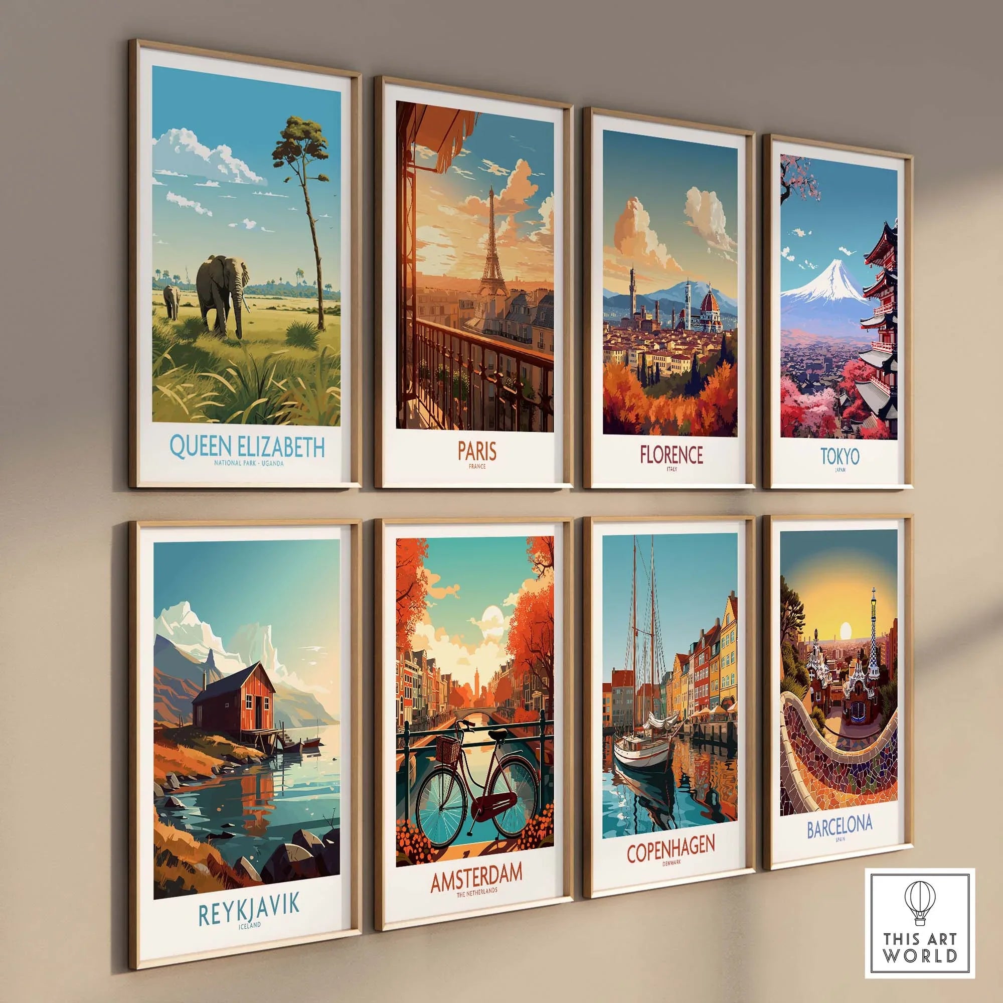 Gallery of travel posters featuring Queen Elizabeth National Park and iconic cities like Paris, Florence, and Tokyo.
