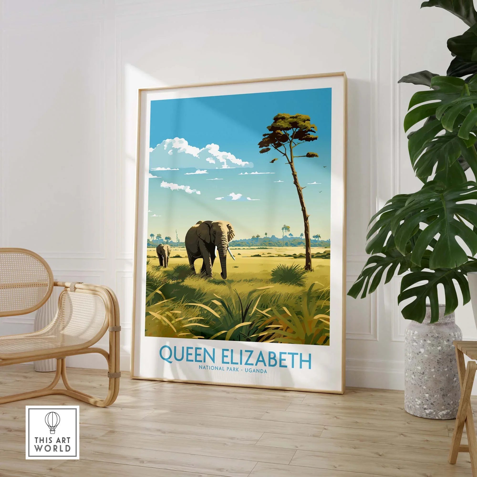 Queen Elizabeth National Park print featuring elephants and scenic landscape in Uganda, ideal for travel enthusiasts.