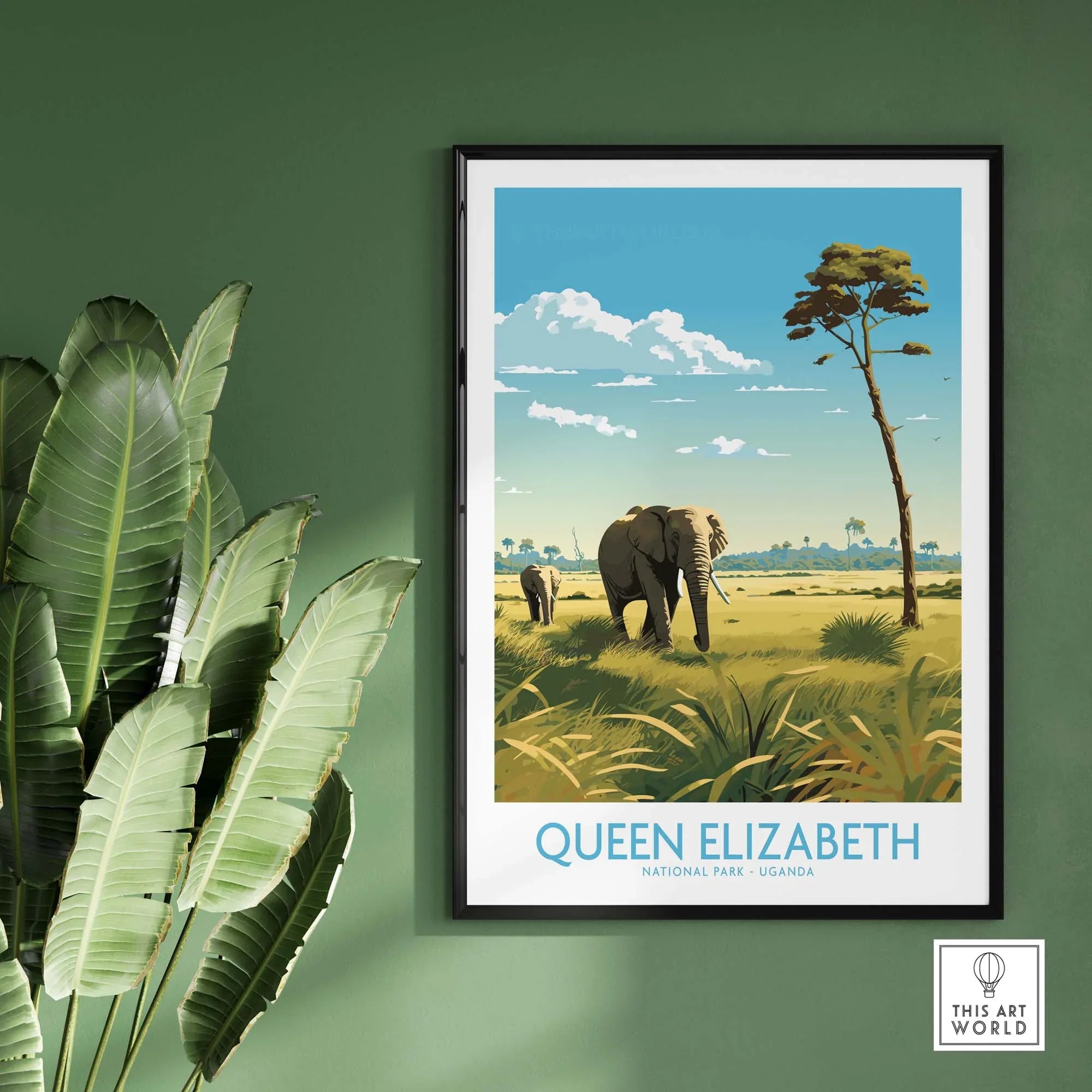 Queen Elizabeth National Park print featuring elephants and savanna landscape, perfect for Uganda travel enthusiasts.