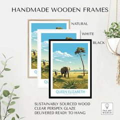 Handmade wooden frames in natural, white, and black for Queen Elizabeth National Park print, sustainably sourced materials.