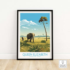 Queen Elizabeth National Park print featuring elephants in Uganda's scenic landscape, ideal for African travel enthusiasts.