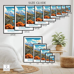 Size guide for Queenstown Poster showcasing various dimensions and scenic views of Queenstown.