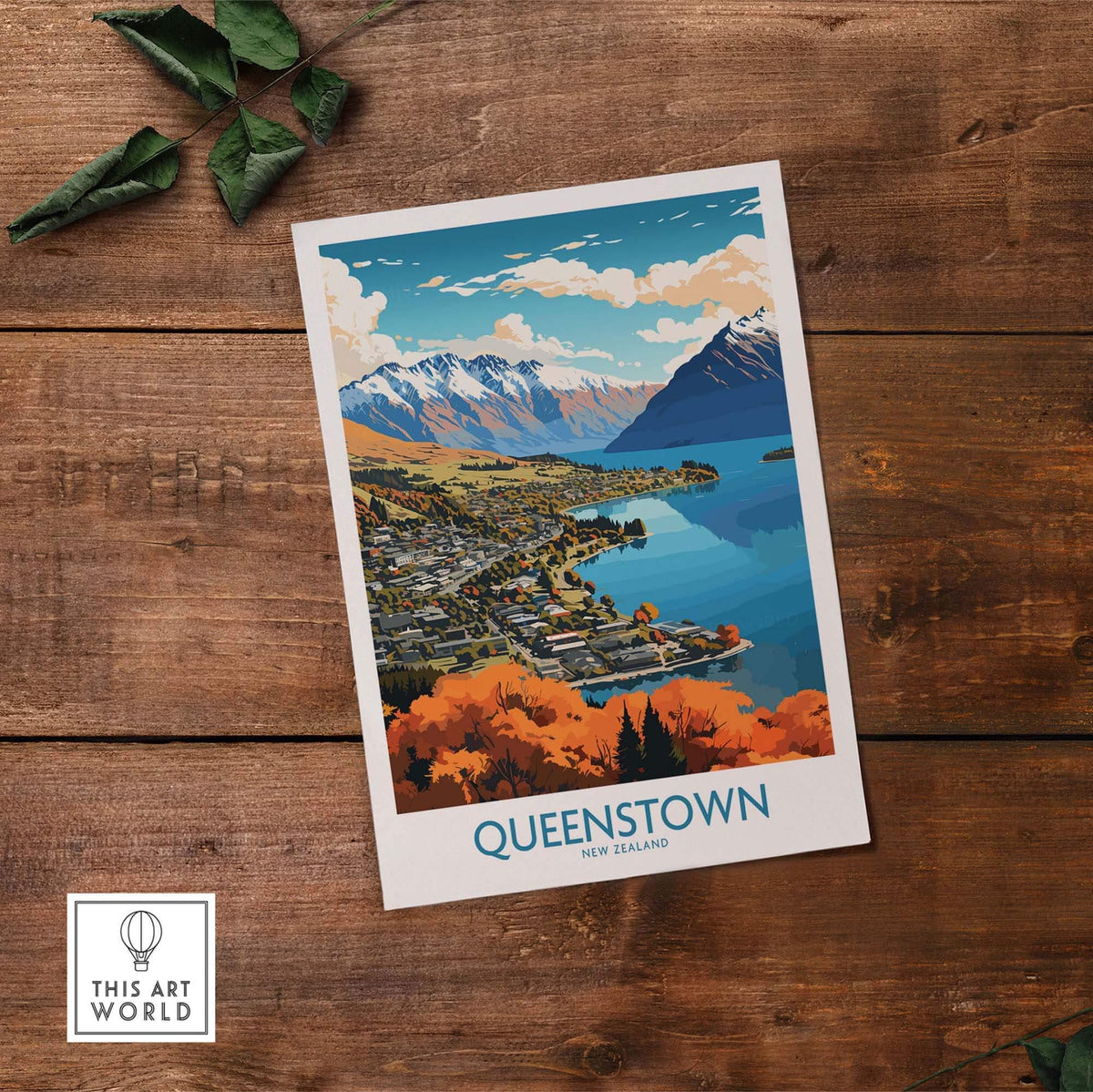 Scenic Queenstown Poster featuring Lake Wakatipu and Southern Alps, perfect for nature lovers and home decor.