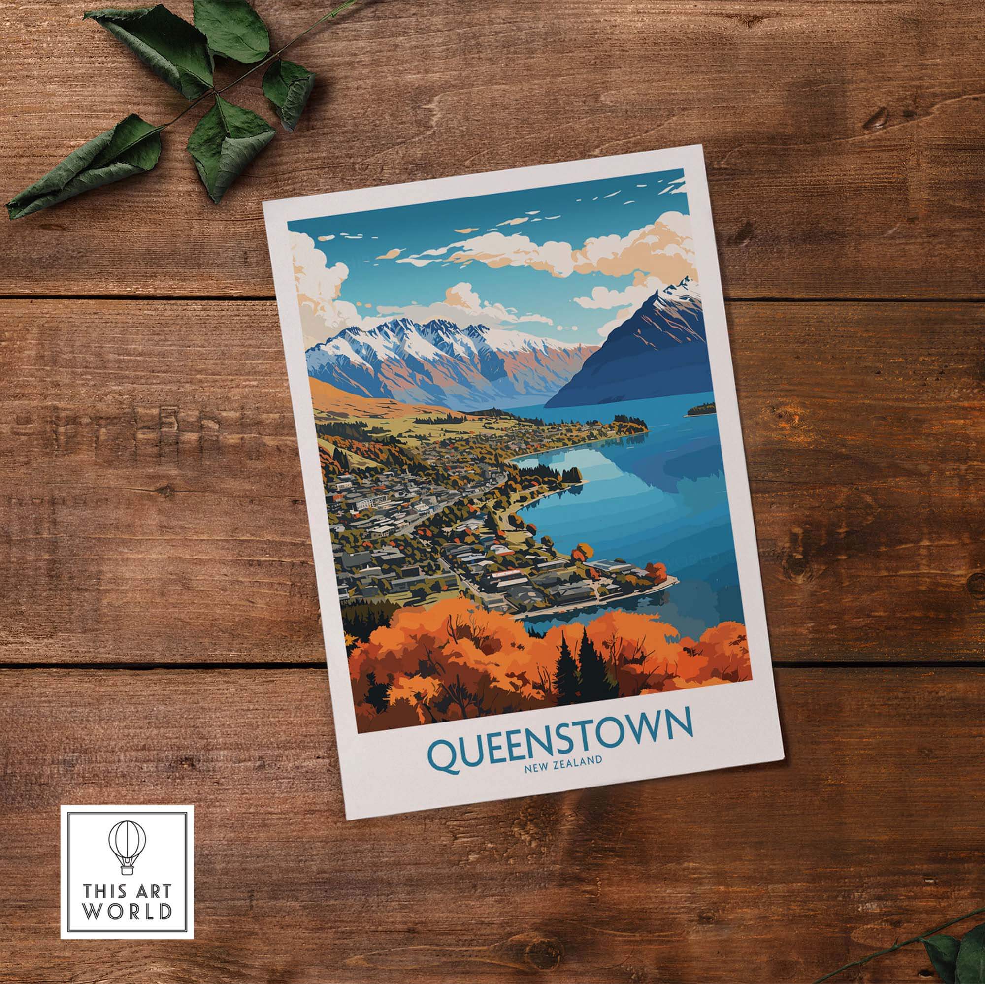 Scenic Queenstown Poster featuring Lake Wakatipu and Southern Alps, perfect for nature lovers and home decor.
