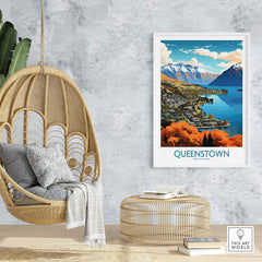 Queenstown Poster showcasing Lake Wakatipu and Southern Alps, a stunning New Zealand art print for home decor.