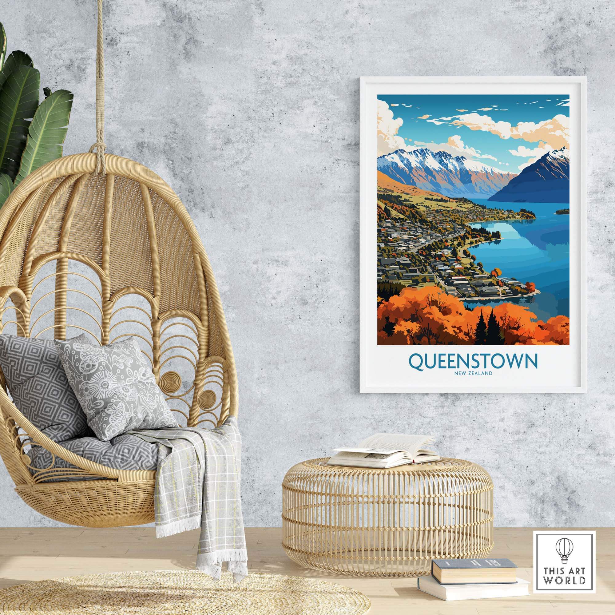 Queenstown Poster showcasing Lake Wakatipu and Southern Alps, a stunning New Zealand art print for home decor.