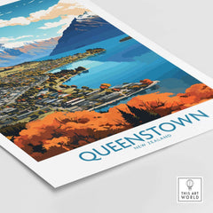 Queenstown Poster showcasing Lake Wakatipu and Southern Alps, perfect for wall decor and nature lovers.