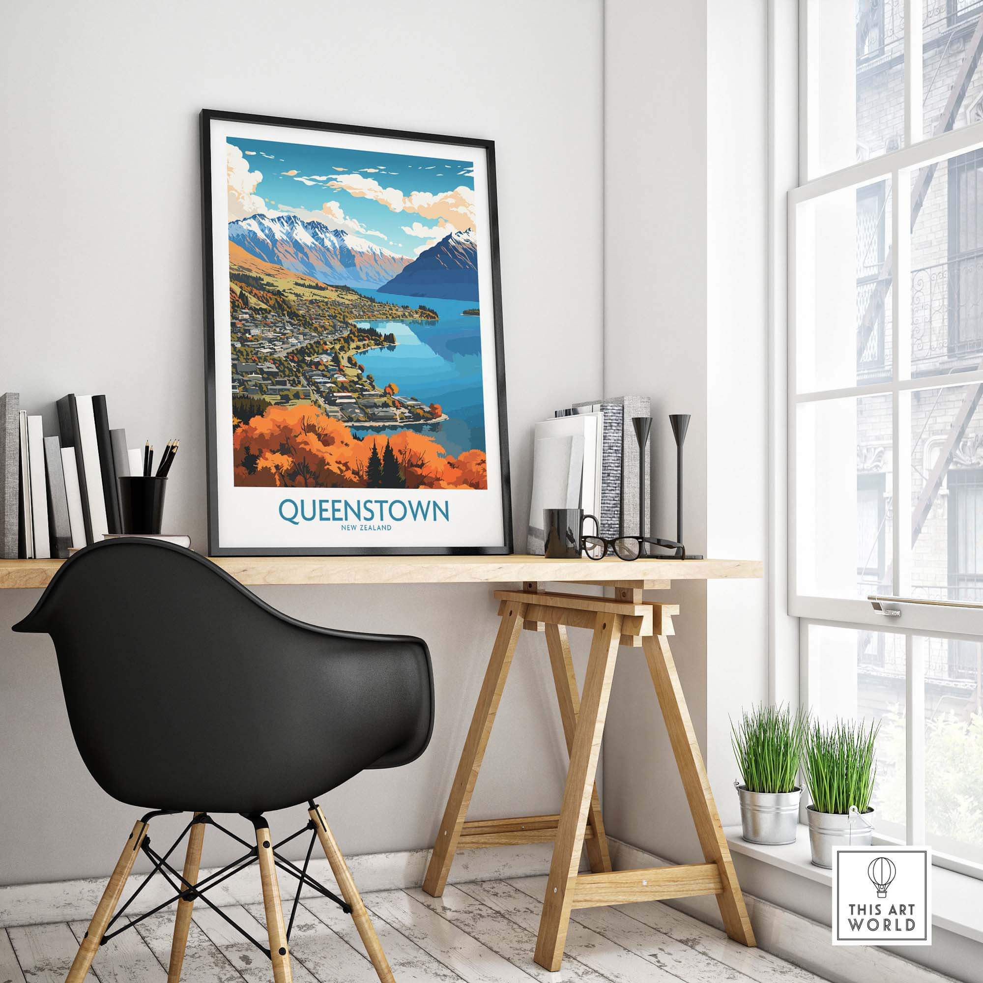 Queenstown Poster showcasing the stunning beauty of Lake Wakatipu and the Southern Alps in a stylish home setting.
