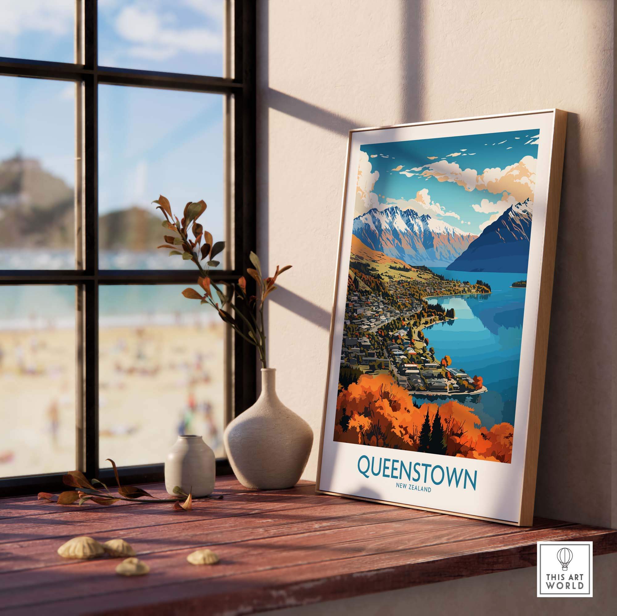 Queenstown Poster showcasing Lake Wakatipu and Southern Alps in a stylish home decor setting.