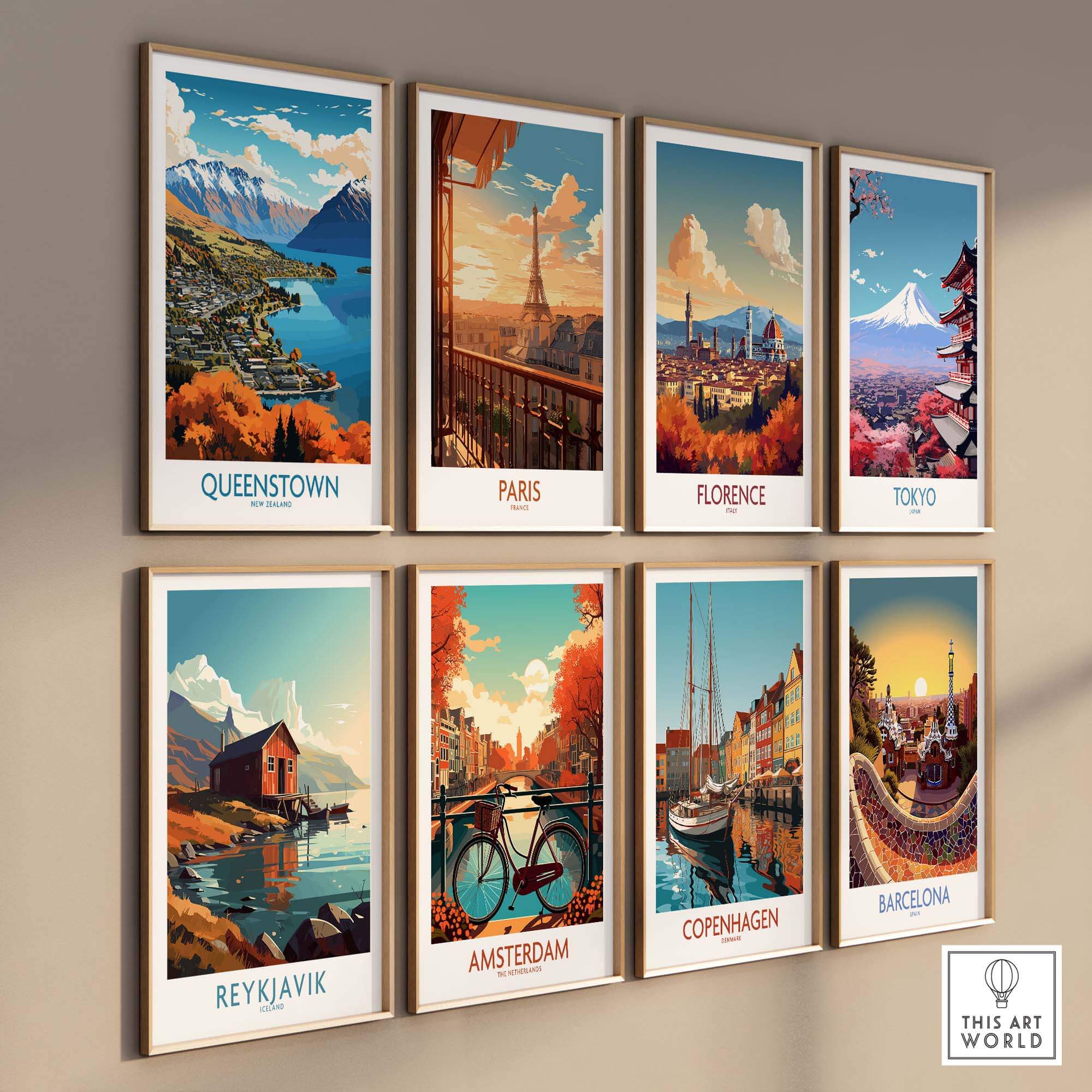 Queenstown Poster and other city art prints showcasing scenic views of iconic landmarks in vibrant colors.