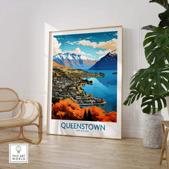Queenstown Poster showcasing the scenic beauty of Lake Wakatipu and Southern Alps in New Zealand.