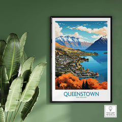 Queenstown Poster showcasing Lake Wakatipu and Southern Alps, perfect for nature lovers and home decor.