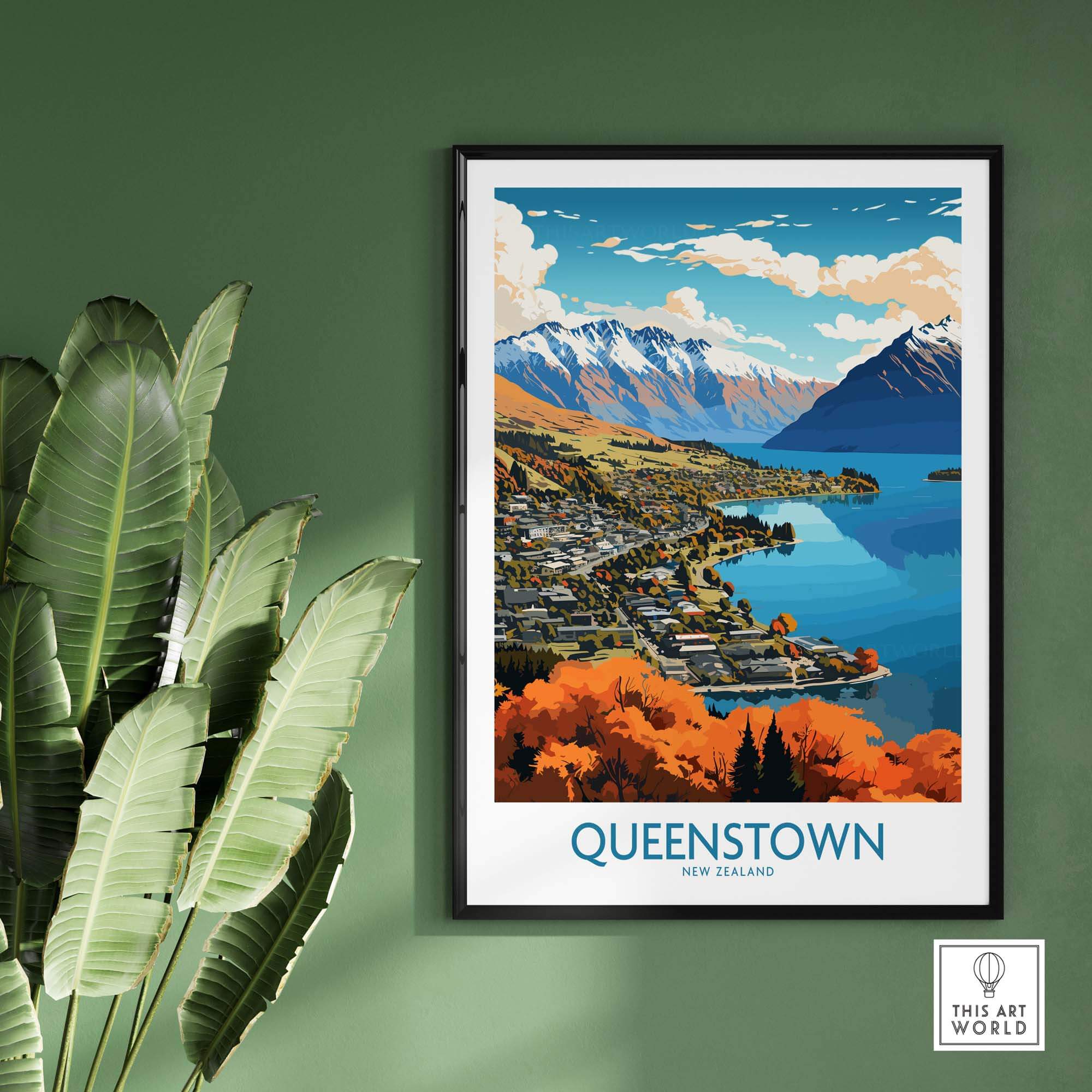 Queenstown Poster showcasing Lake Wakatipu and Southern Alps, perfect for nature lovers and home decor.