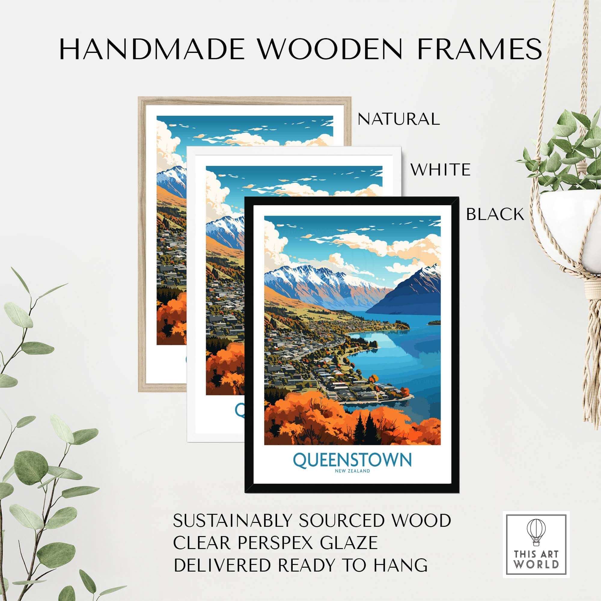 Handmade wooden frames for Queenstown Poster in natural, white, and black finishes, showcasing New Zealand's scenic beauty.
