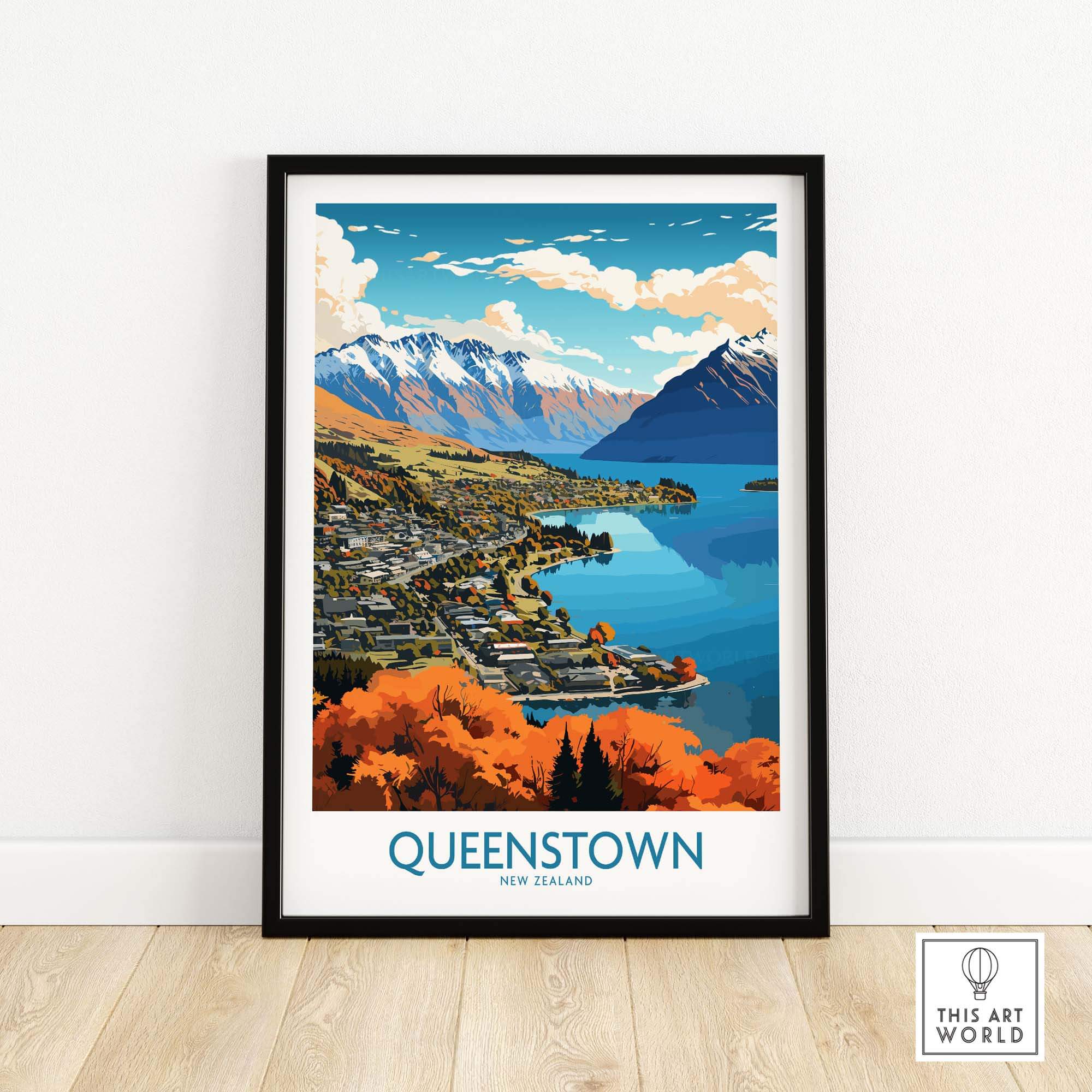 Queenstown Poster featuring Lake Wakatipu and the Southern Alps, vibrant wall decor for nature lovers.