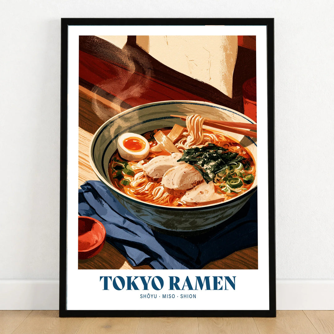 Tokyo Ramen Japanese Kitchen Wall Art - art print in black frame on wooden floor