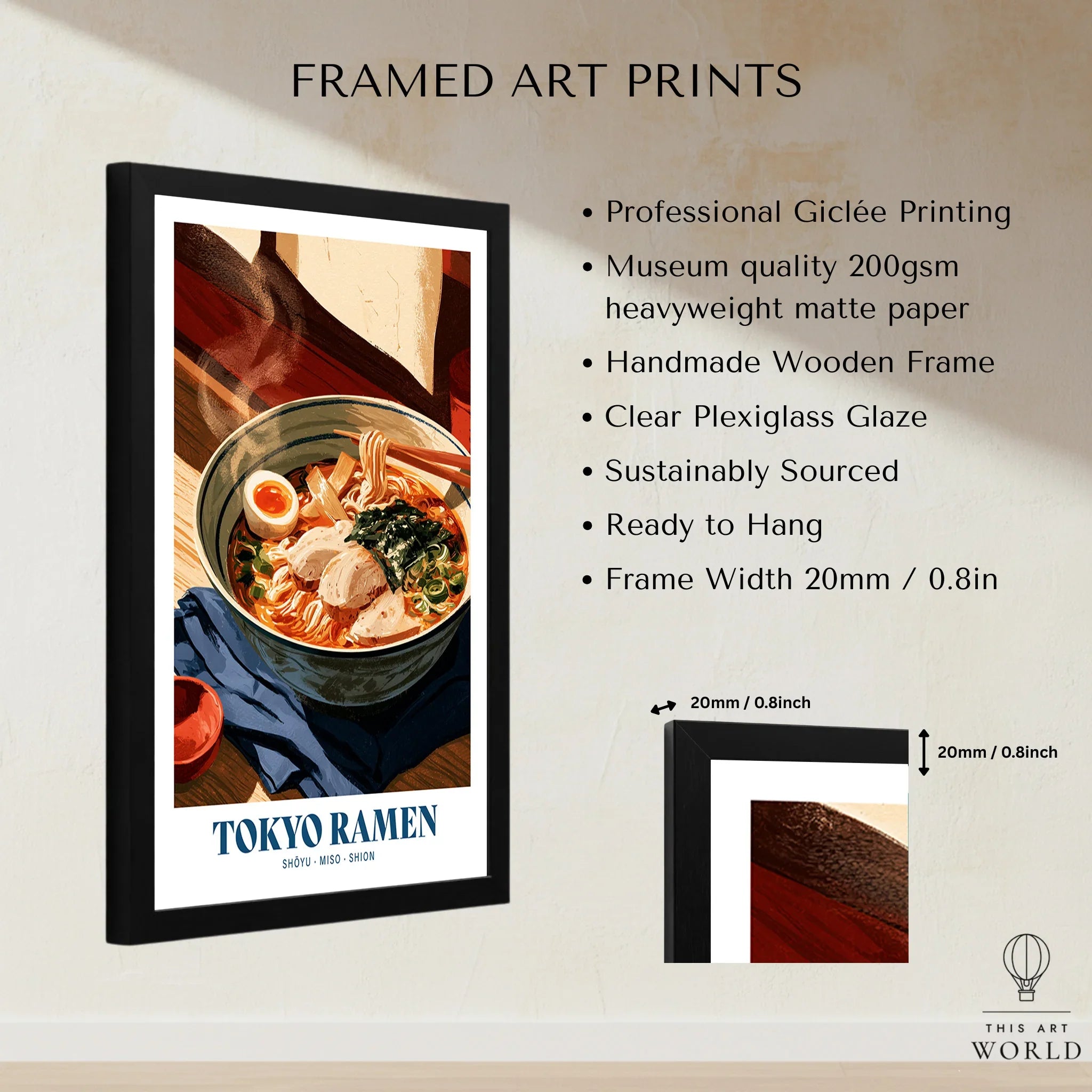 Tokyo Ramen Japanese Kitchen Wall Art - framed print details measurements quality details