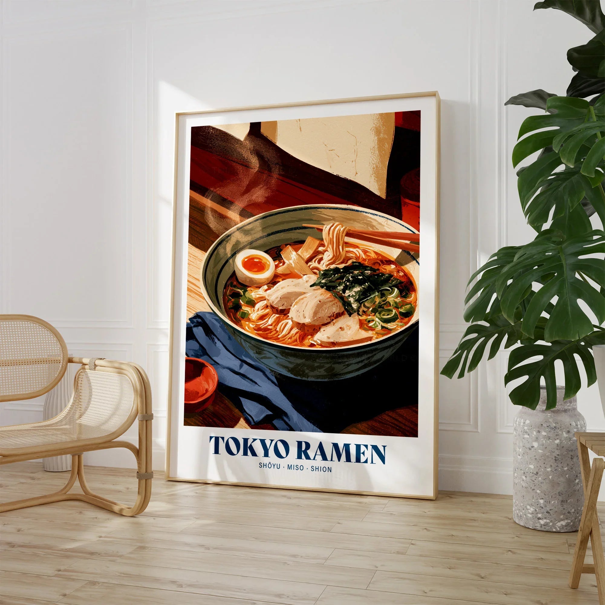 Tokyo Ramen Japanese Kitchen Wall Art - large framed print room setting chair plant