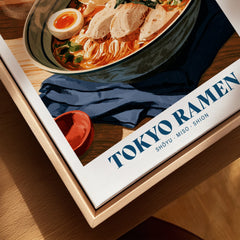 Tokyo Ramen Japanese Kitchen Wall Art - closeup framed canvas natural wood floating frame