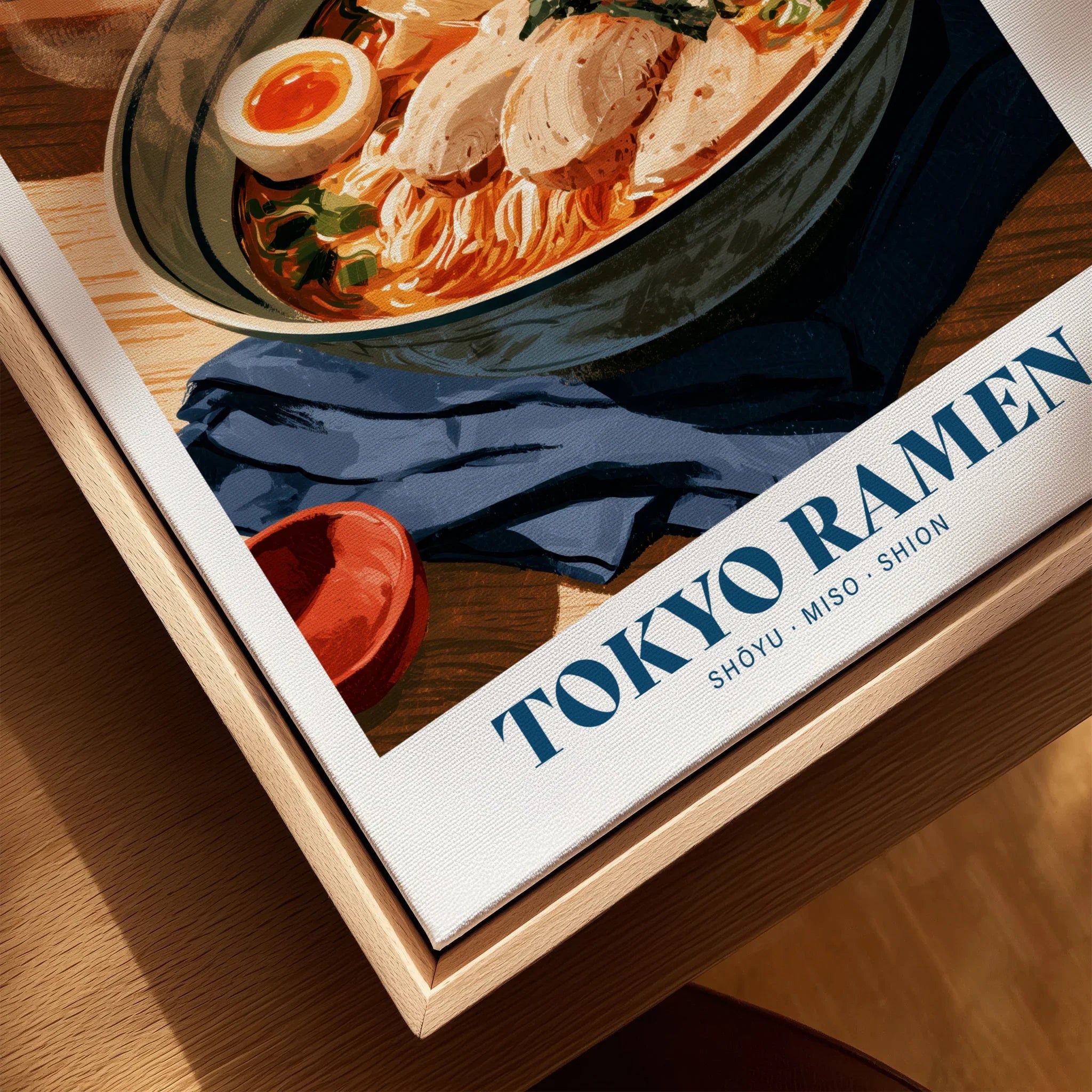 Tokyo Ramen Japanese Kitchen Wall Art - closeup framed canvas natural wood floating frame