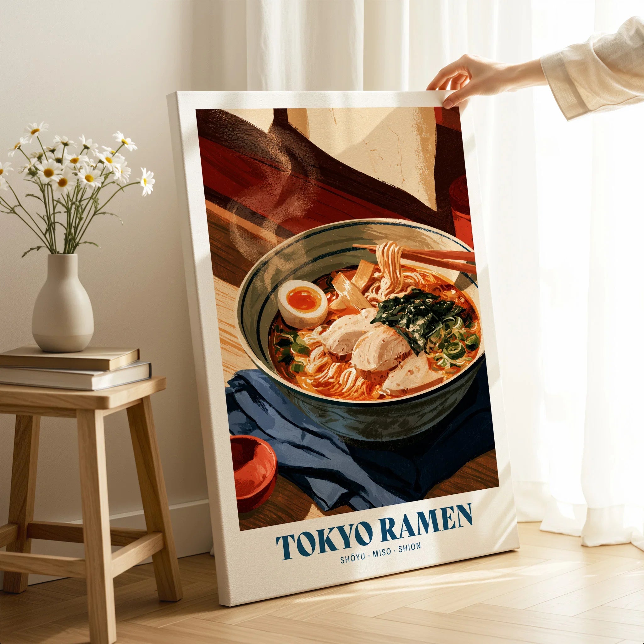 Tokyo Ramen Japanese Kitchen Wall Art - canvas print mirror edge hand holding room setting