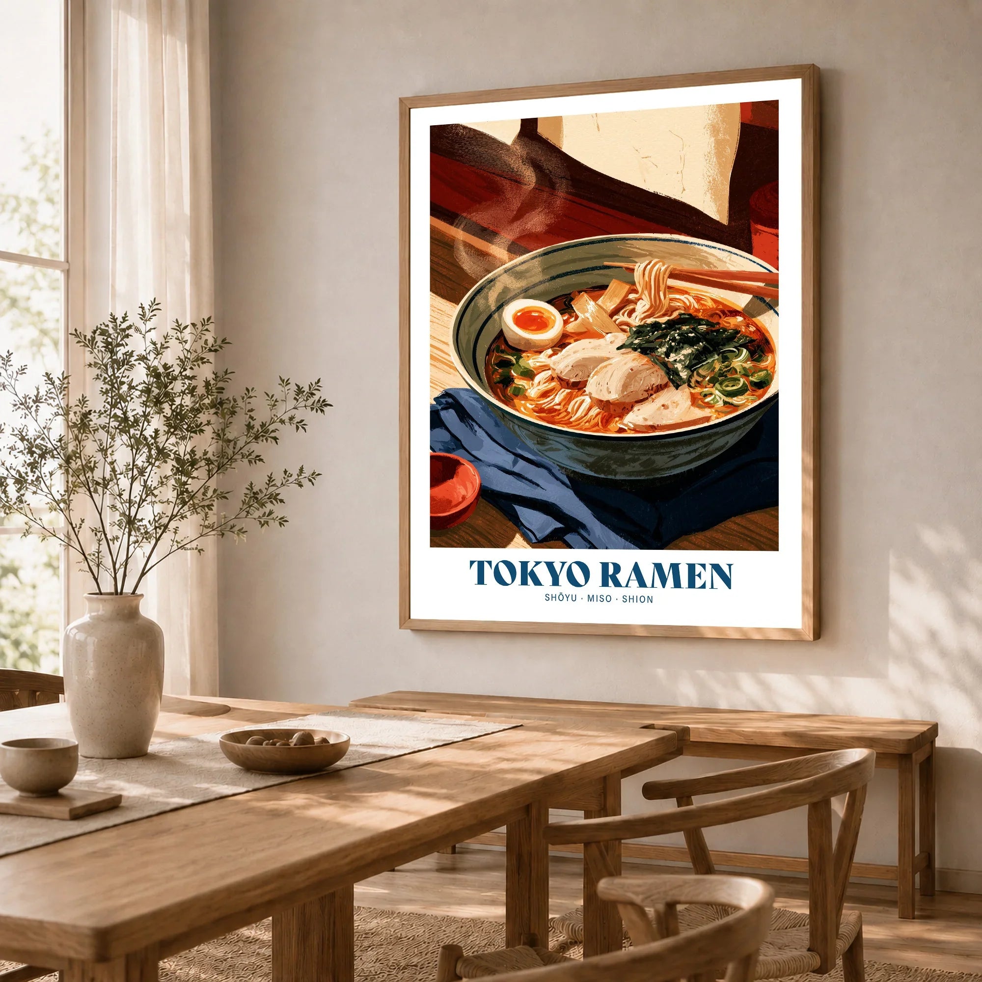 Tokyo Ramen Japanese Kitchen Wall Art - dining room framed print natural wood frame mockup ThisArtWorld