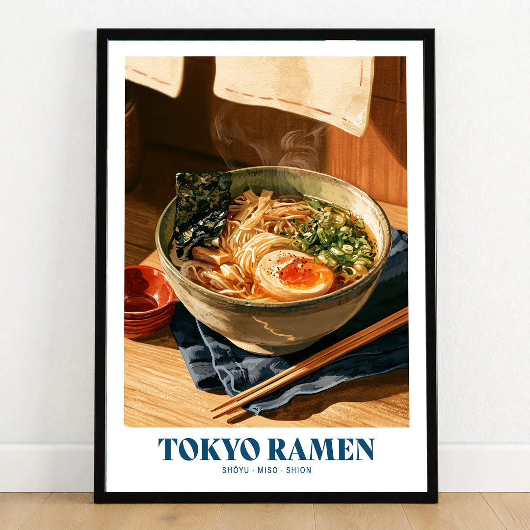 Japanese Ramen Kitchen Wall Art - art print in black frame on wooden floor