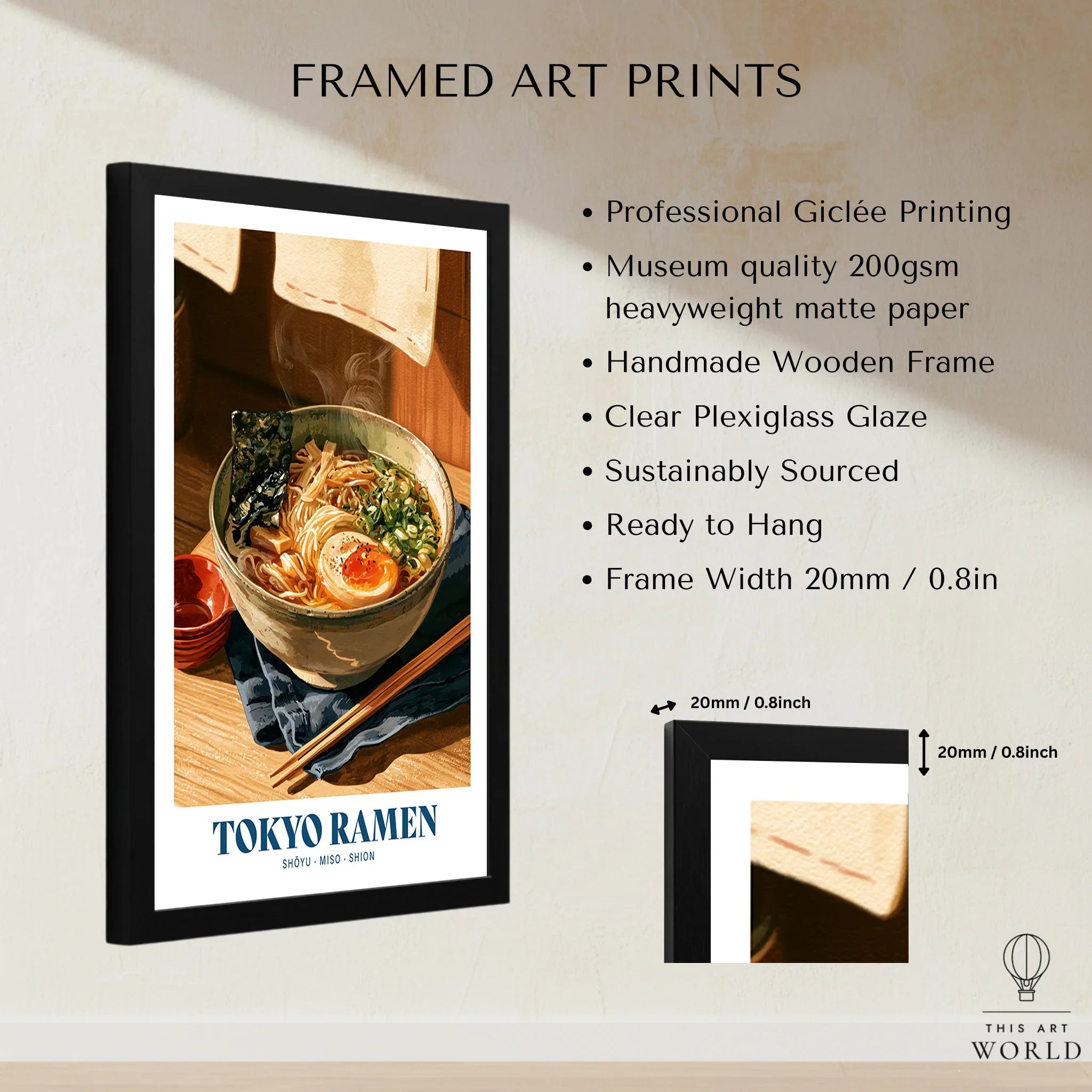 Japanese Ramen Kitchen Wall Art - framed print details measurements quality details
