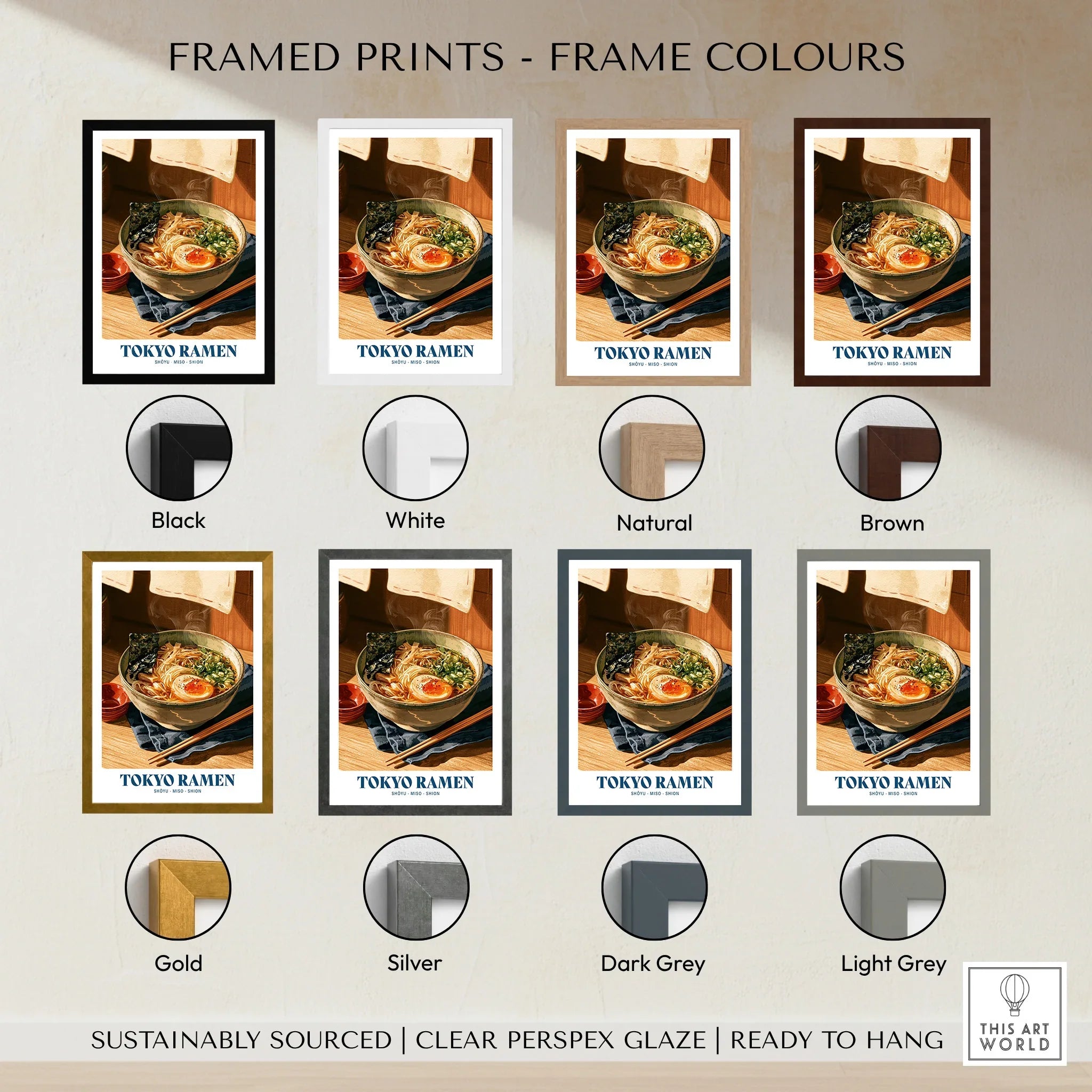 Japanese Ramen Kitchen Wall Art - framed print colour options