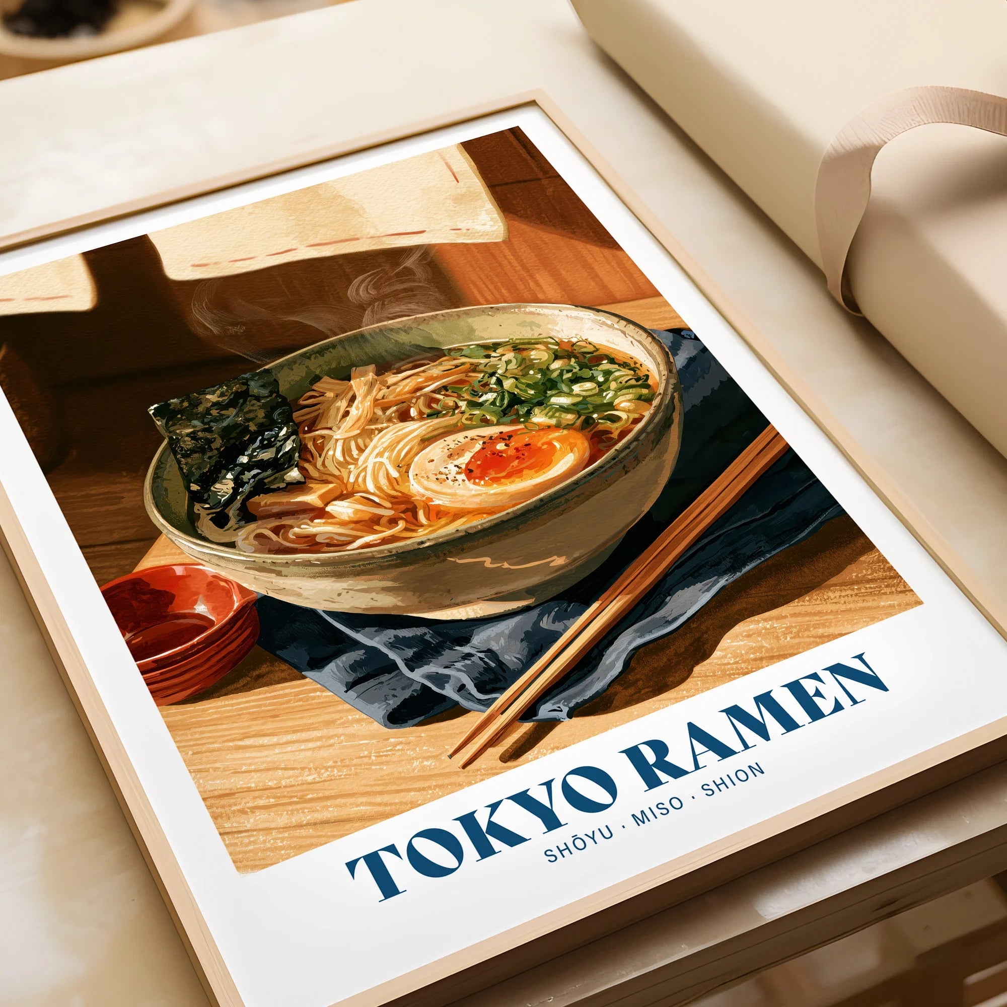 Japanese Ramen Kitchen Wall Art - framed art print closeup gift unwrapped natural frame