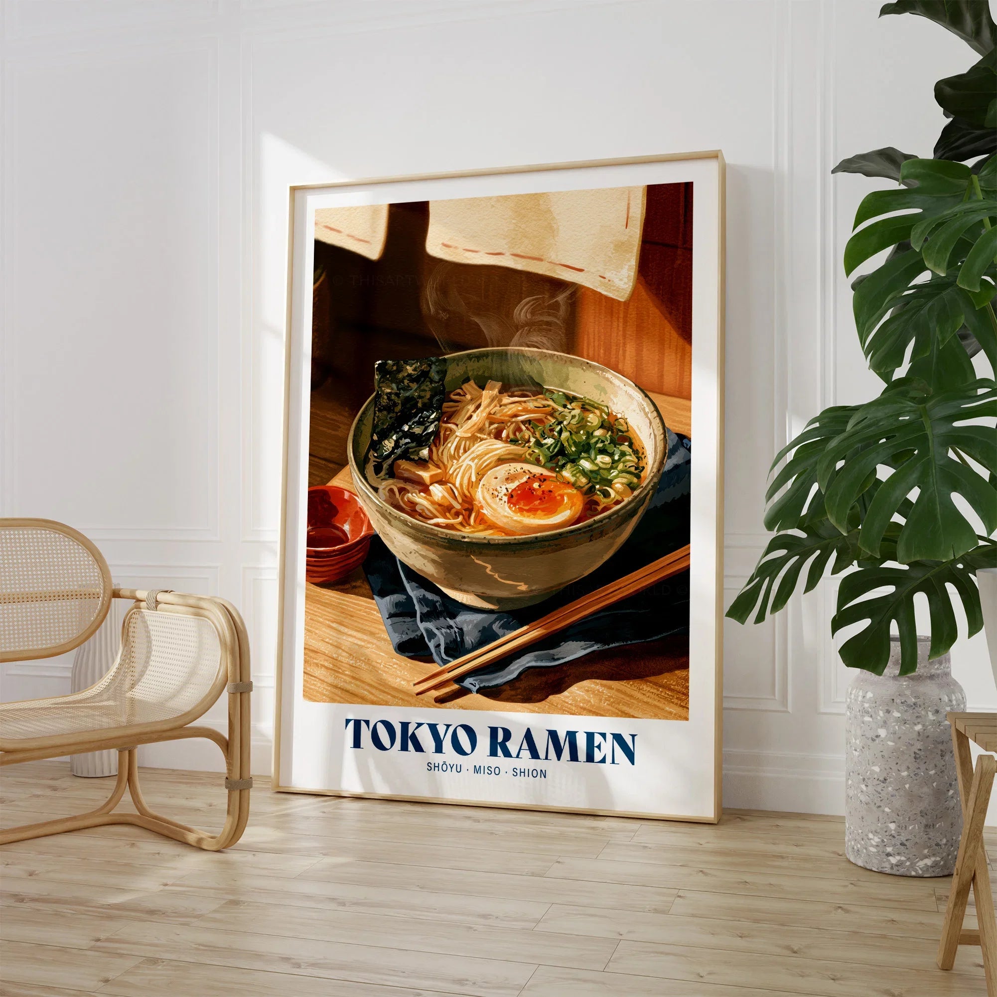 Japanese Ramen Kitchen Wall Art - large framed print room setting chair plant