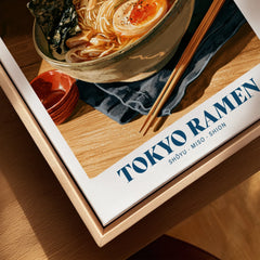 Japanese Ramen Kitchen Wall Art - closeup framed canvas natural wood floating frame